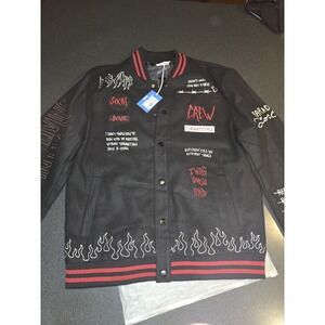 Sixth June Varsity Jacket 2XL NWT Black Embroidered Flames Streetwear